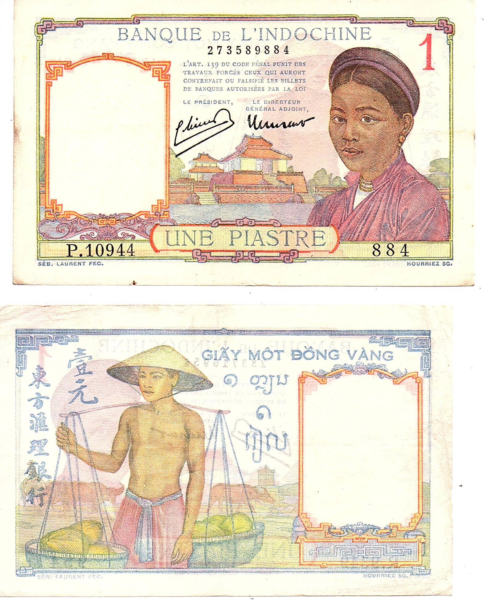 French Indochina #54e/AU 1 Piastre / Yuan / Đồng / Kip / Riel